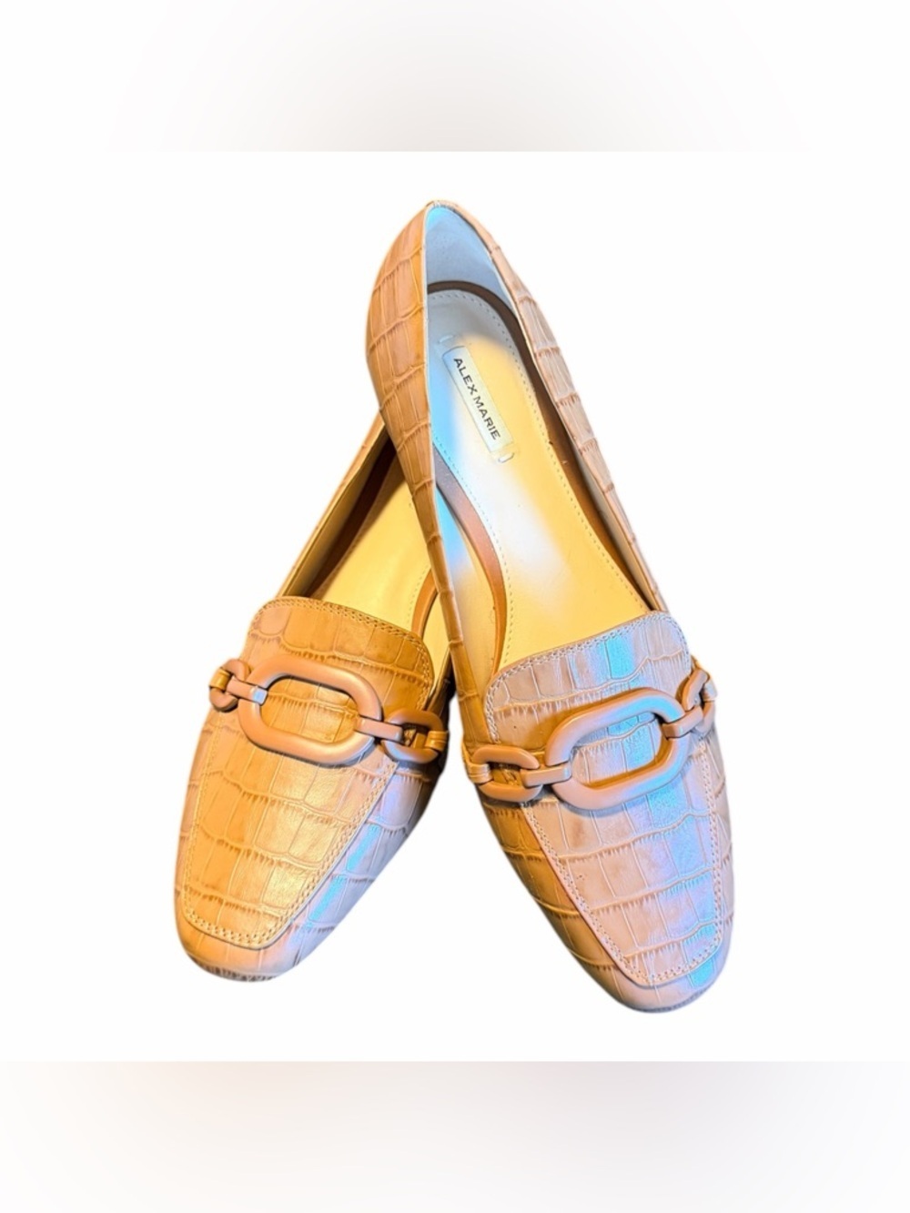Alex Marie Tan Croc-Embossed Loafers with Chain Accent Size 8M